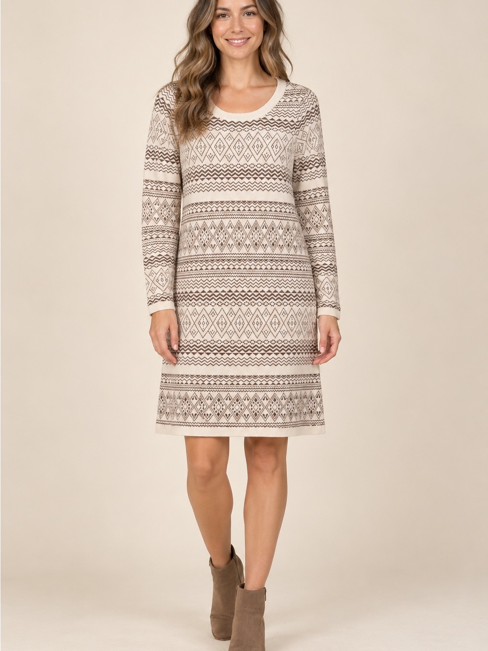 Aventura Women’s Medium Fair Isle Sweater Dress Cream Brown Long Sleeve Boho